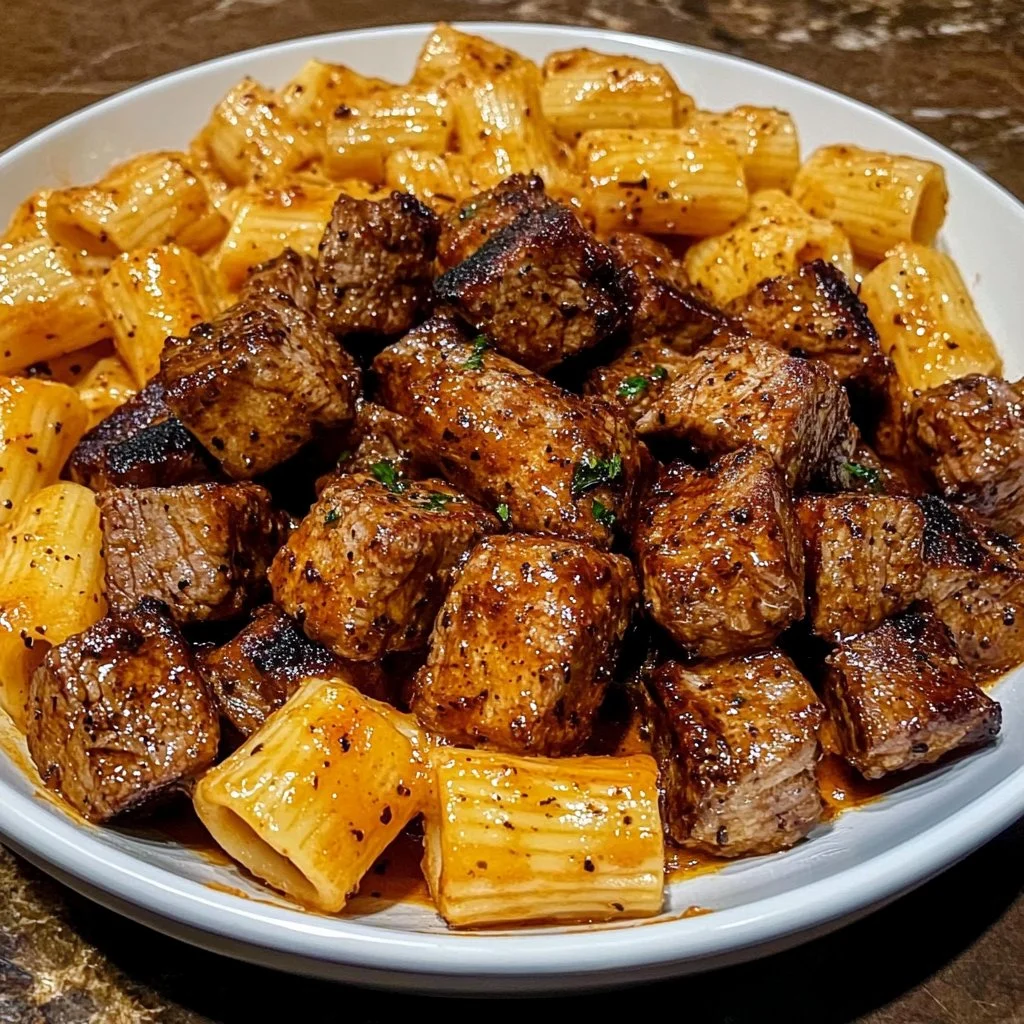 Cajun Steak Tips with Cheesy Rigatoni