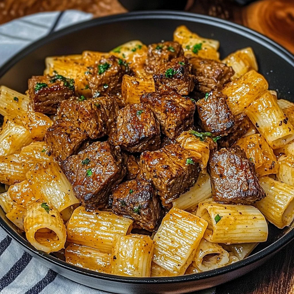 Cajun Steak Tips with Cheesy Rigatoni