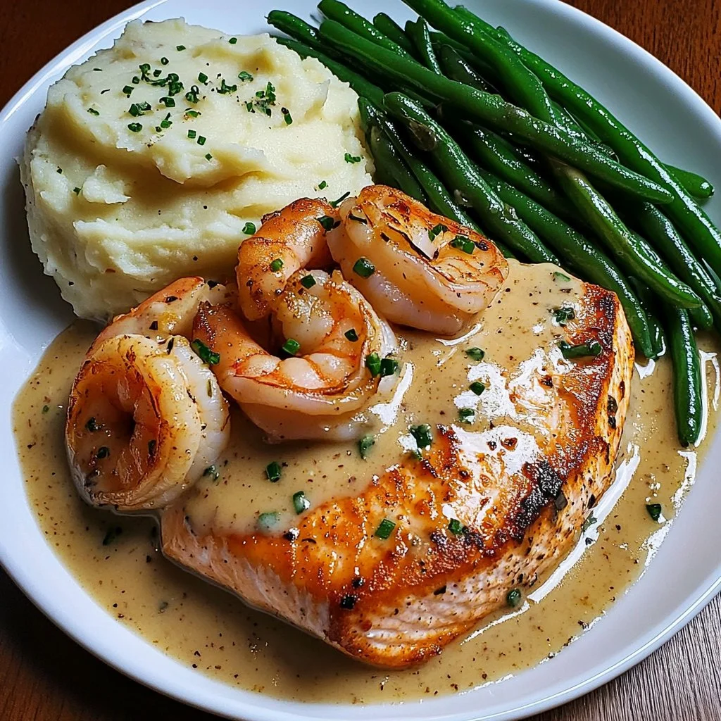Cajun Shrimp and Salmon with Garlic Cream Sauce, Mashed Potatoes, and Green Beans: A Flavor-Packed Dinner to Impress