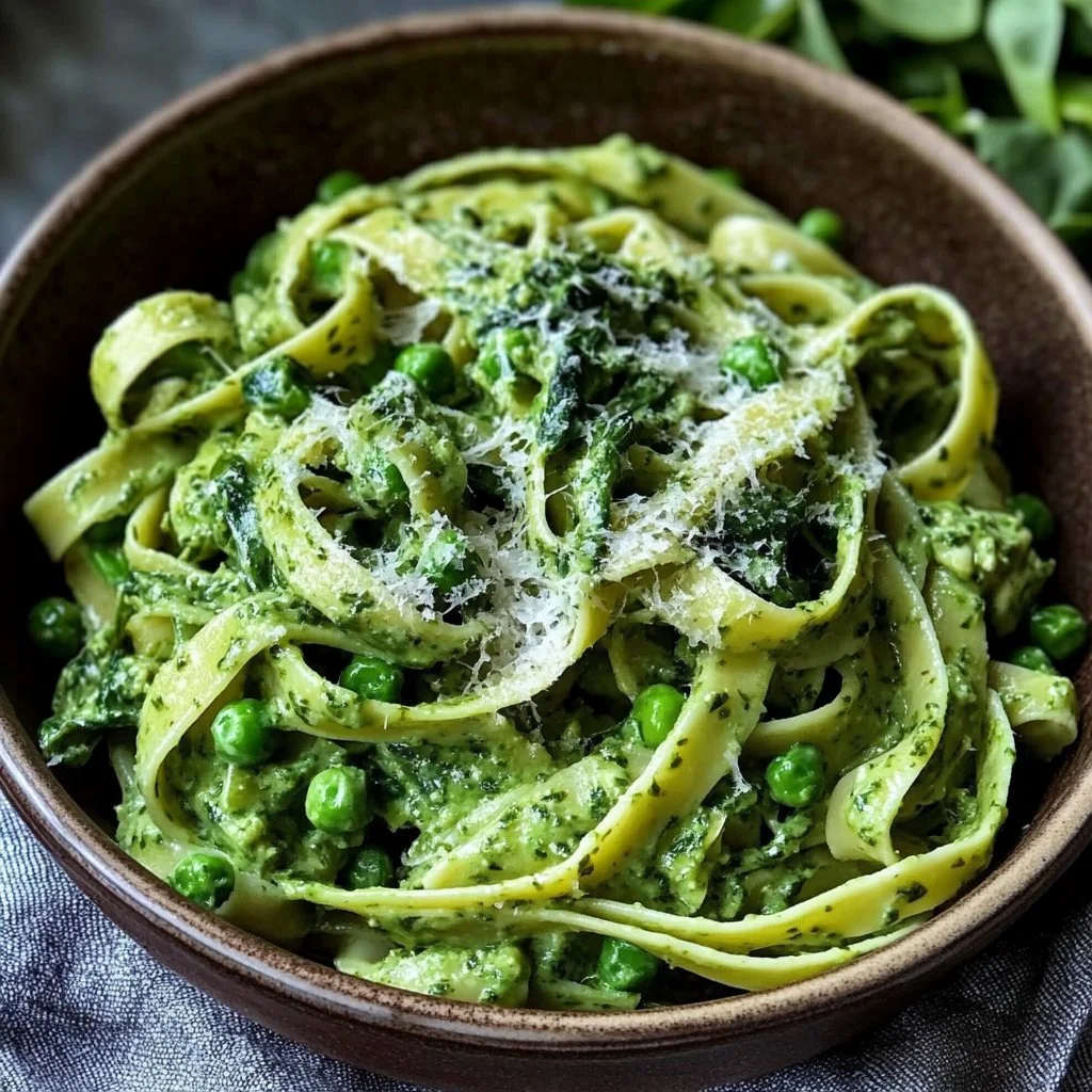 Green Goddess Fettuccine With Creamy Spinach Sauce, Asparagus, and Peas