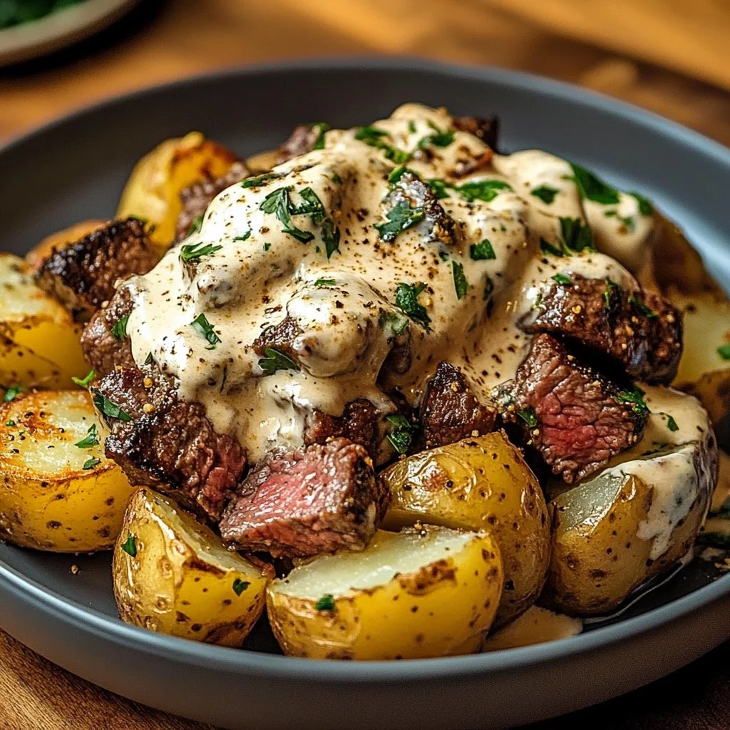 Indulge in Loaded Steak Potatoes with Savory Cream Sauce