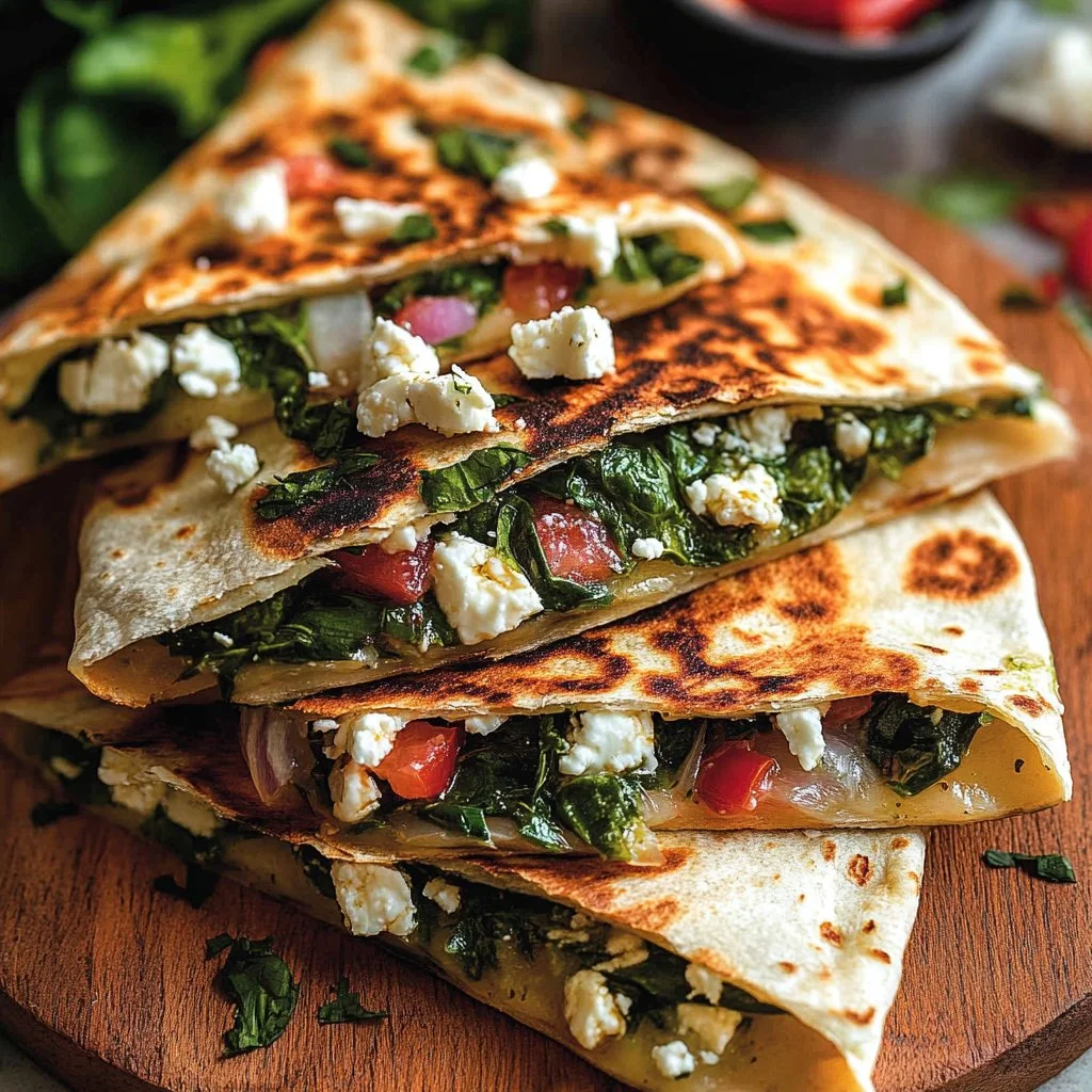 Mediterranean Quesadillas with Spinach, Feta, Mozzarella, and Red Onion