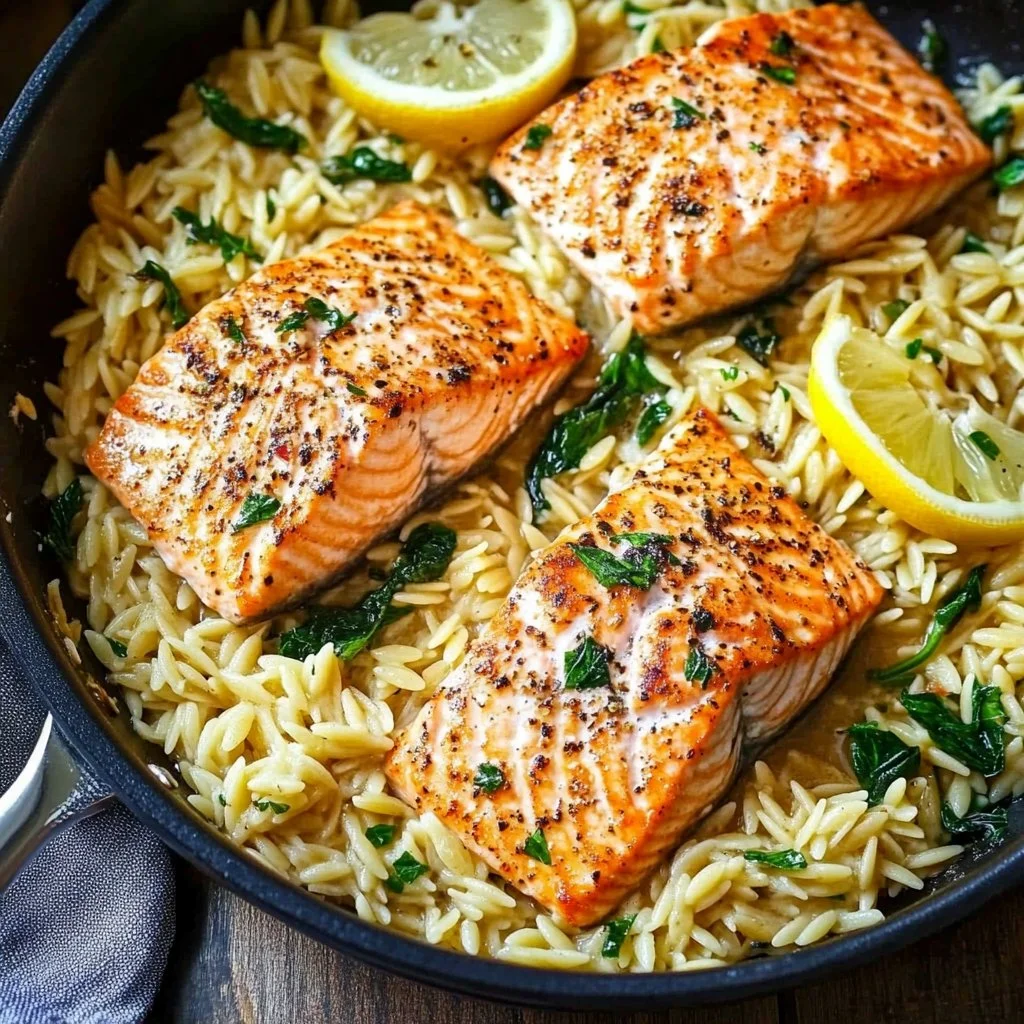 One Skillet Salmon with Lemon Orzo