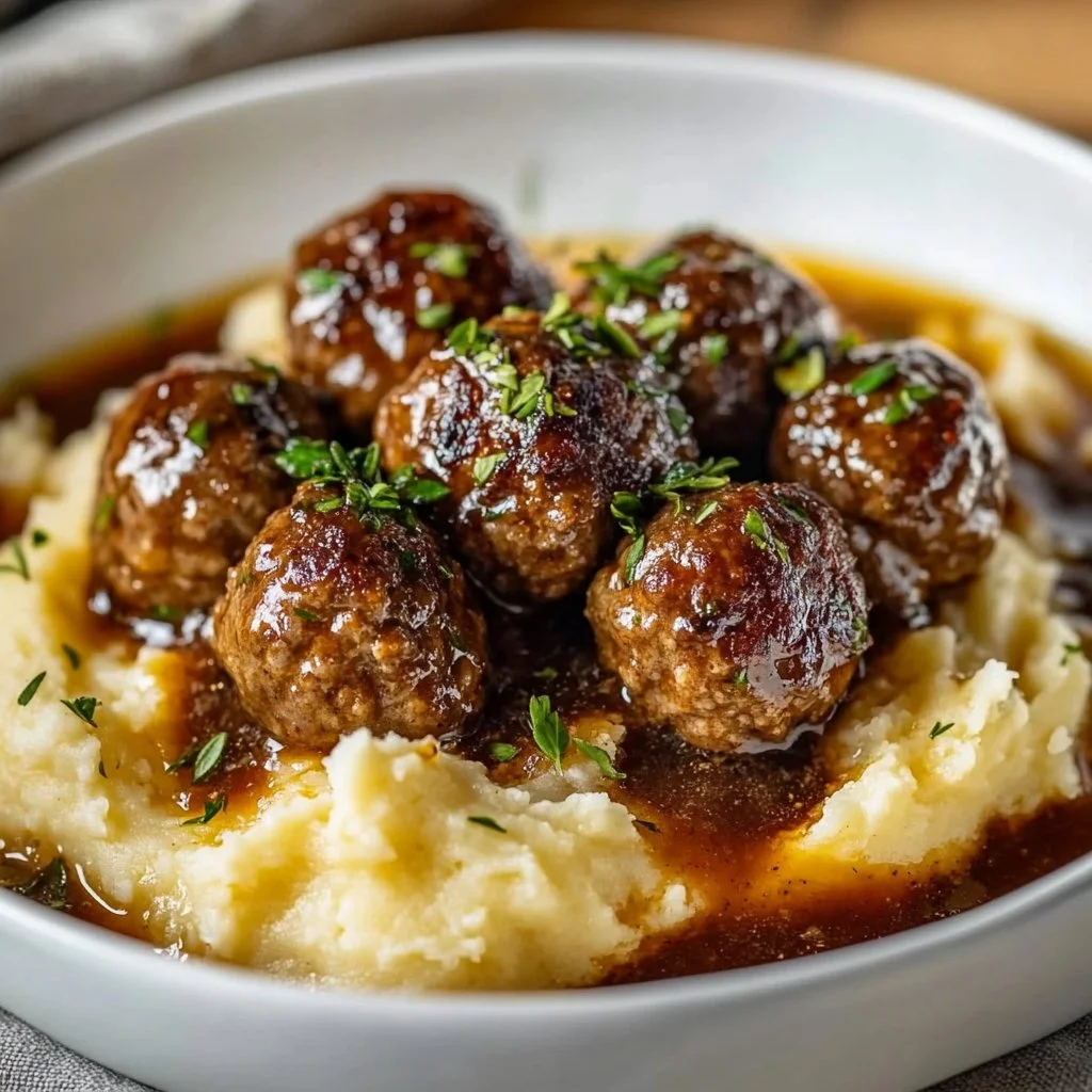 Salisbury Steak Meatballs with Garlic Herb Mashed Potatoes