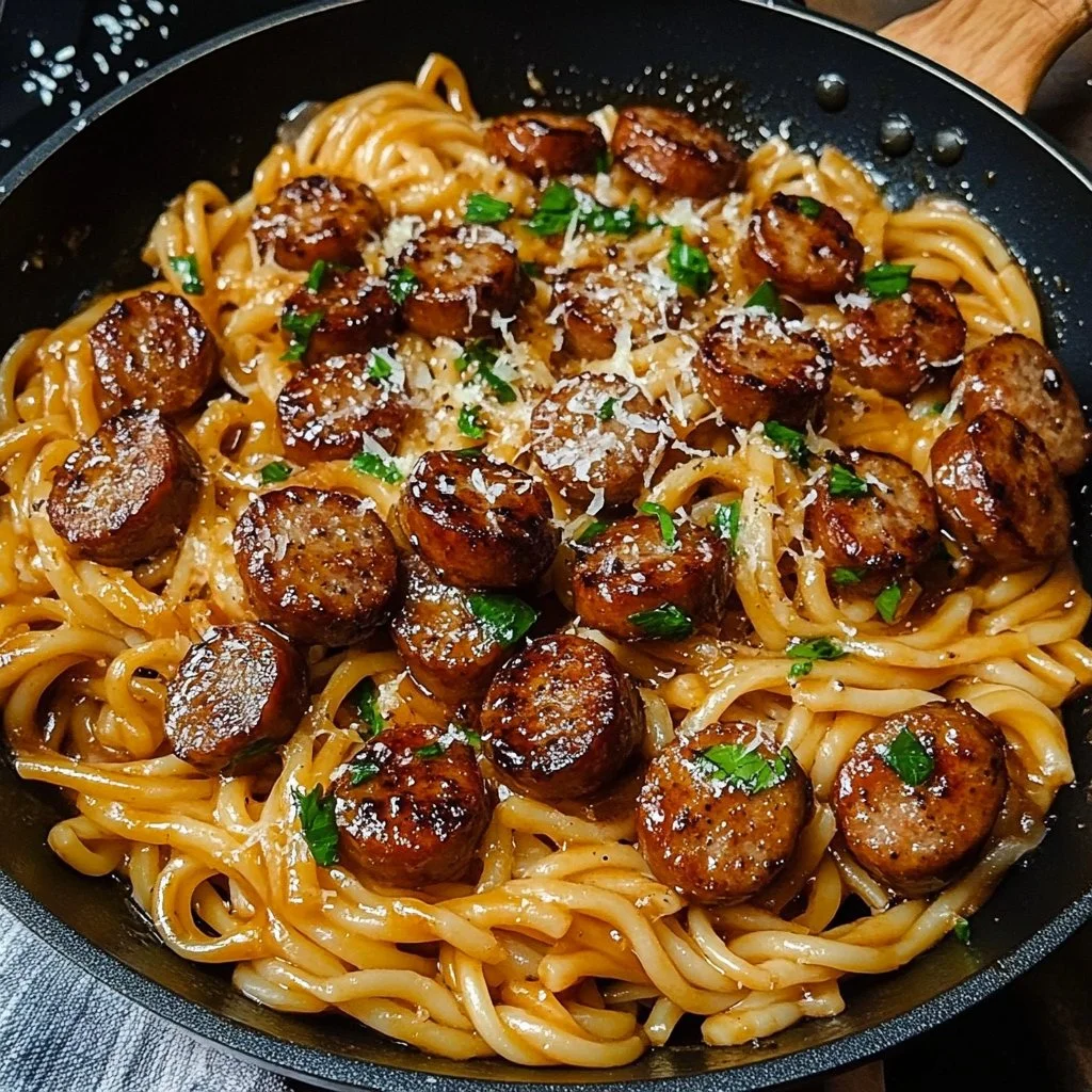 Sticky Honey Garlic Sausage Pasta Skillet