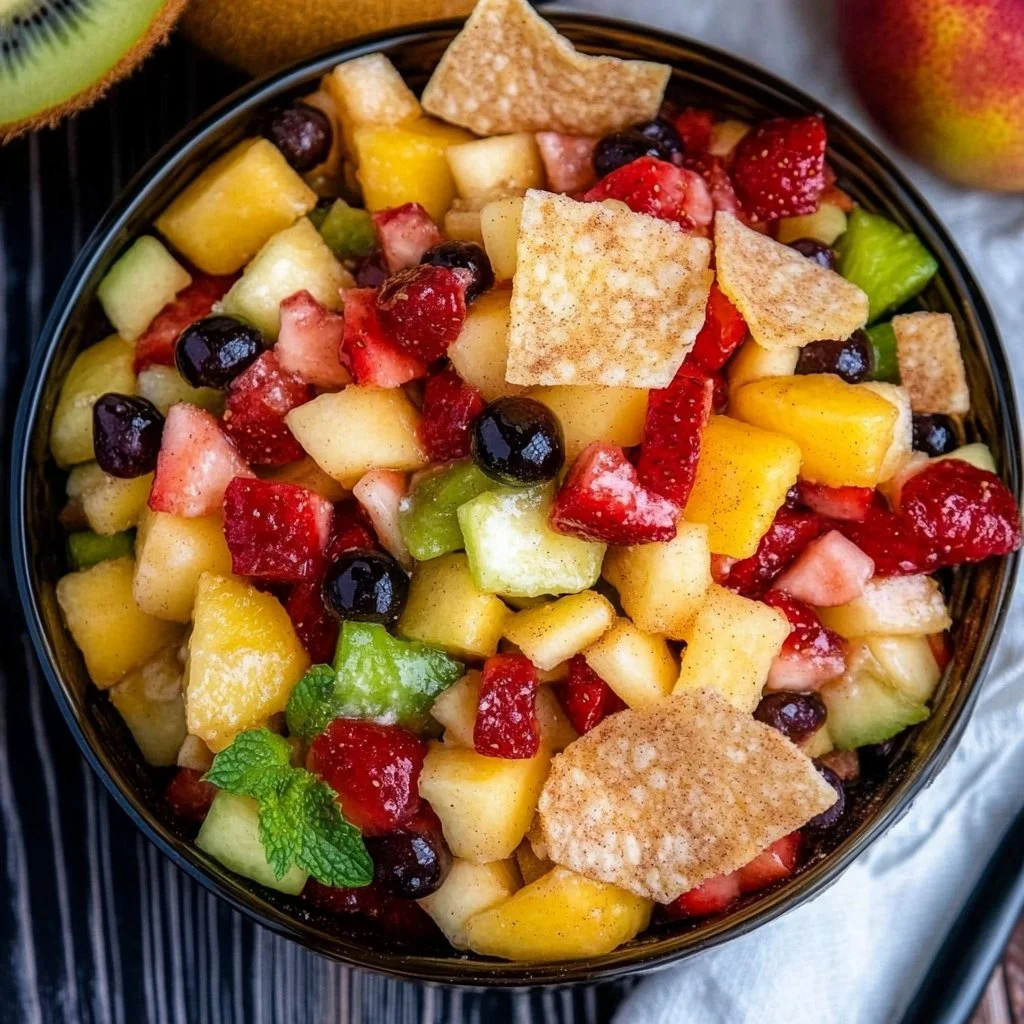 Sweet Fruit Salad with Cinnamon Sugar Tortilla Chips