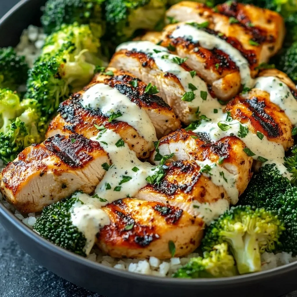 Grilled Chicken & Broccoli Bowls with Creamy Garlic Sauce in 30 Minutes
