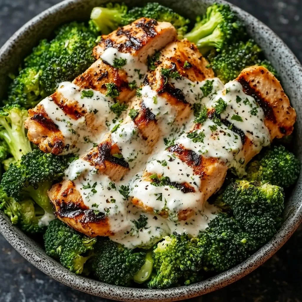 Healthy Grilled Chicken Broccoli Bowls with Creamy Garlic Sauce