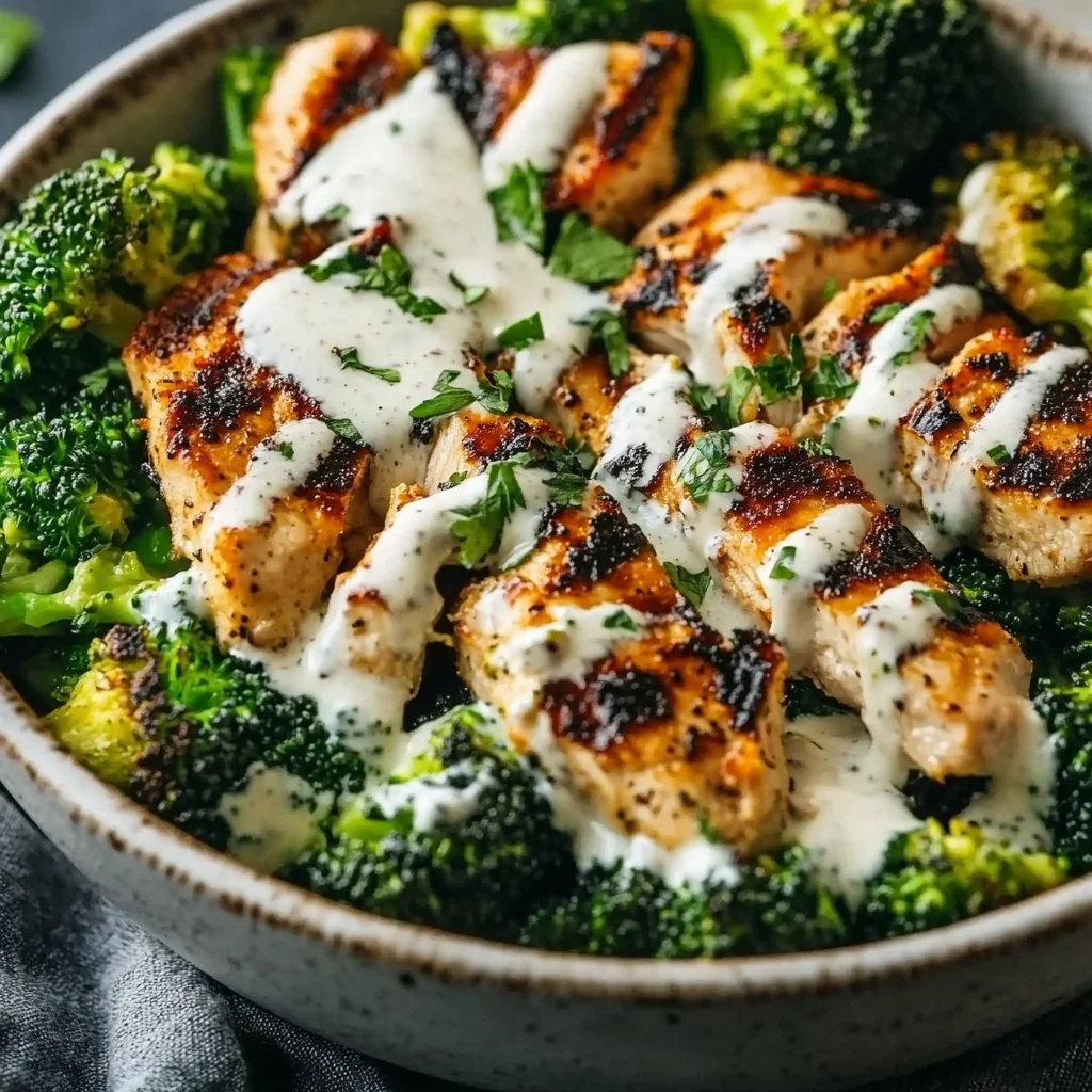 Healthy Grilled Chicken Broccoli Bowls with Creamy Garlic Sauce