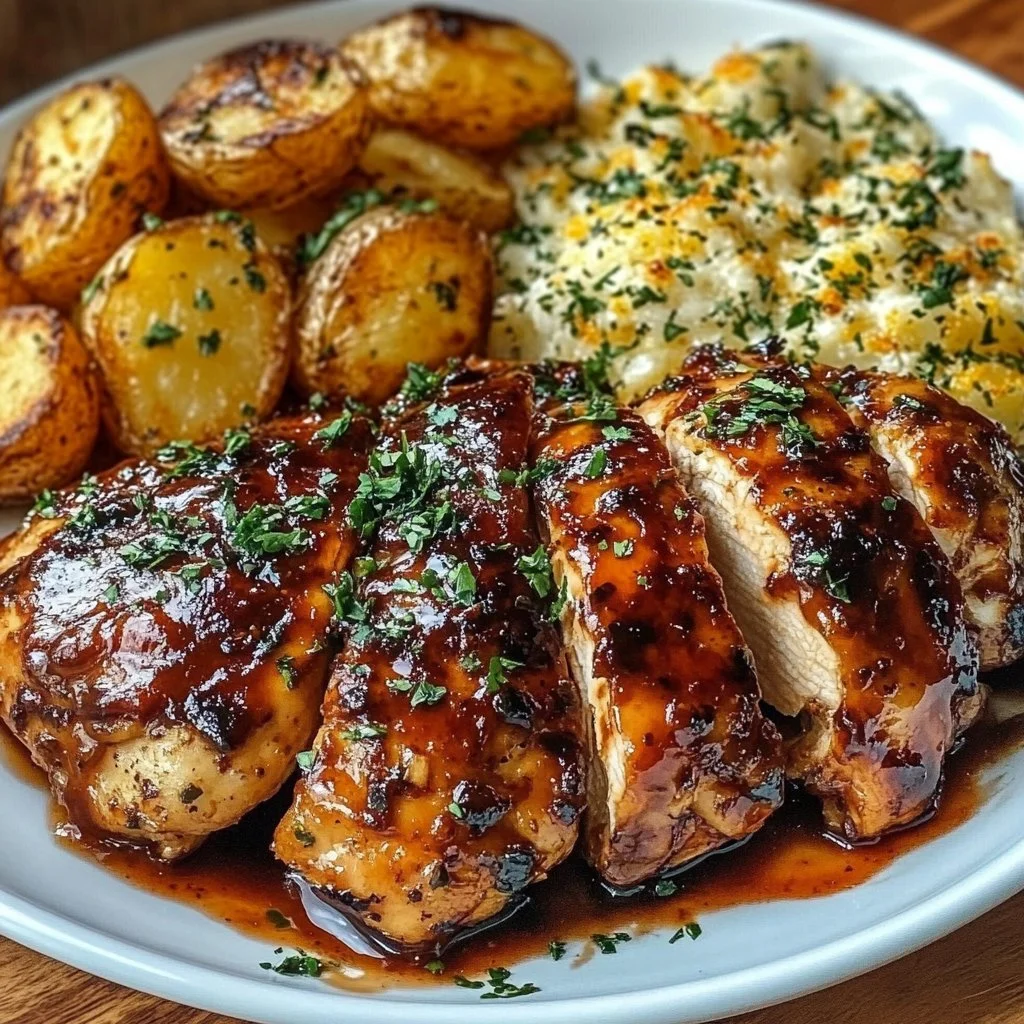 Honey BBQ Chicken with Cheesy Garlic Parmesan Potatoes