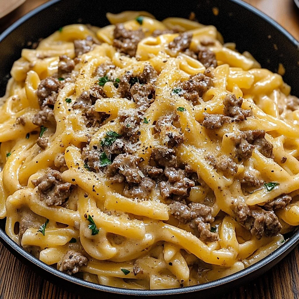 One-Pot Creamy Beef and Garlic Butter Pasta