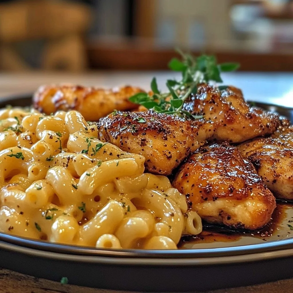 Spicy Honey Pepper Chicken with Creamy Mac and Cheese