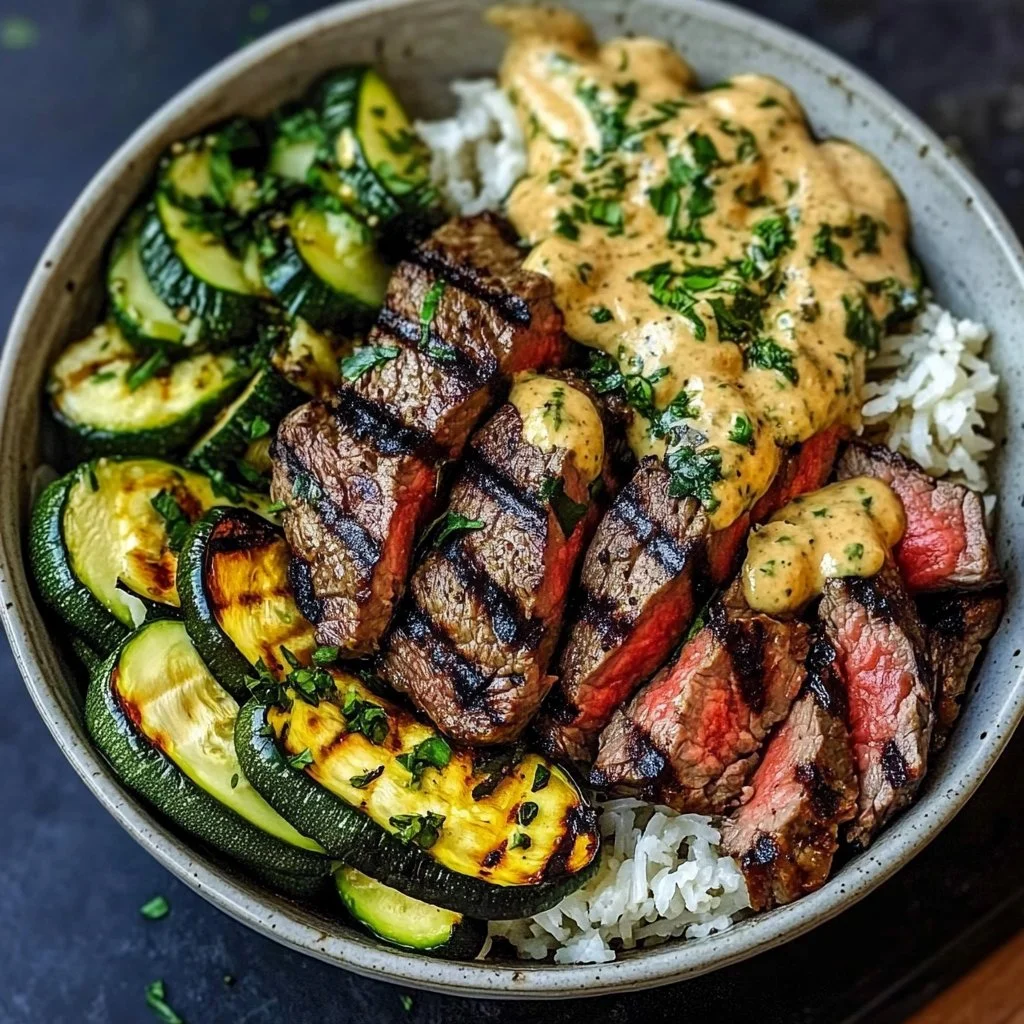 Grilled Steak Bowl with Sauce & Grilled Zucchini Bliss