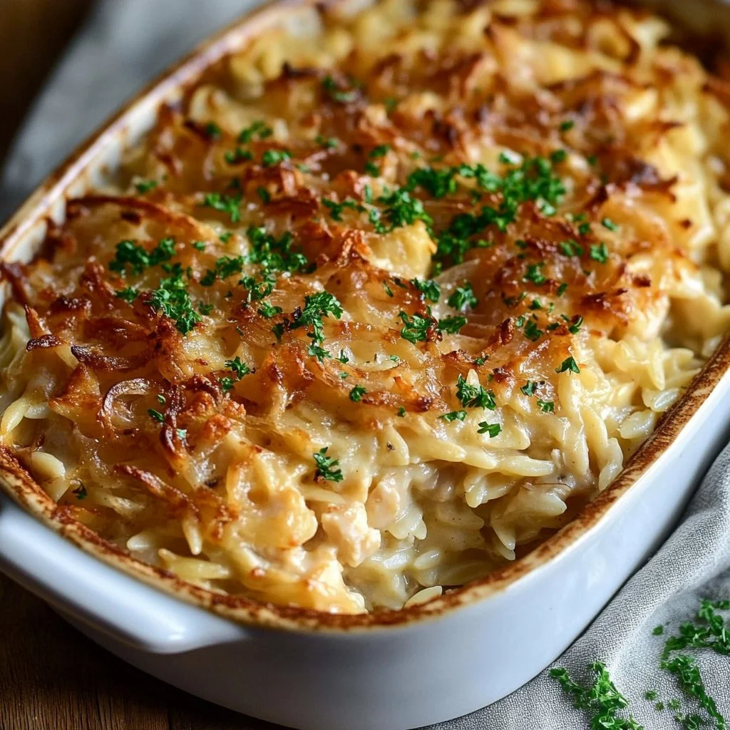 French Onion Chicken Orzo Casserole