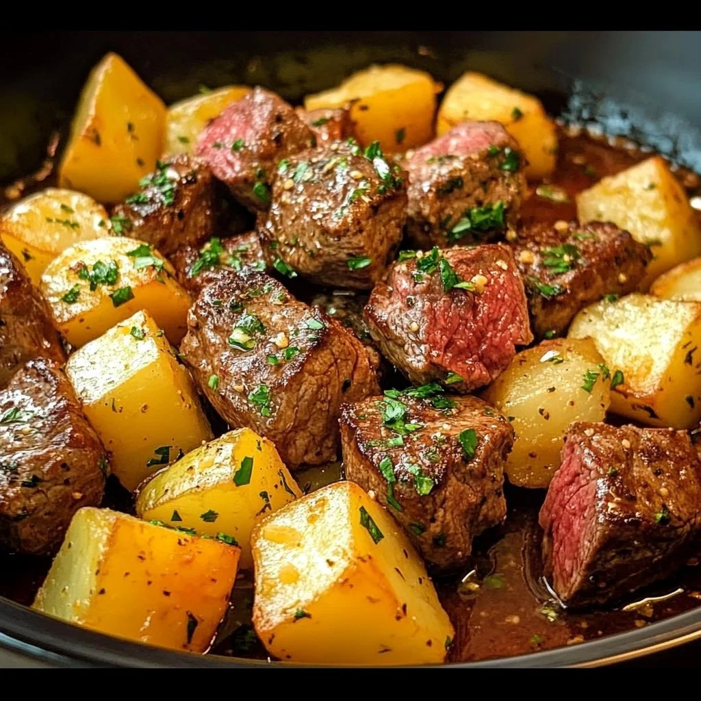 Crock pot garlic butter steak bites &amp; potatoes