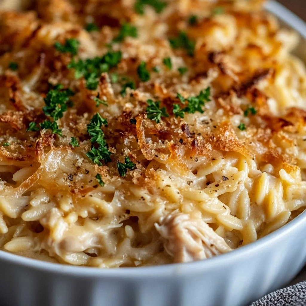 French Onion Chicken Orzo Casserole